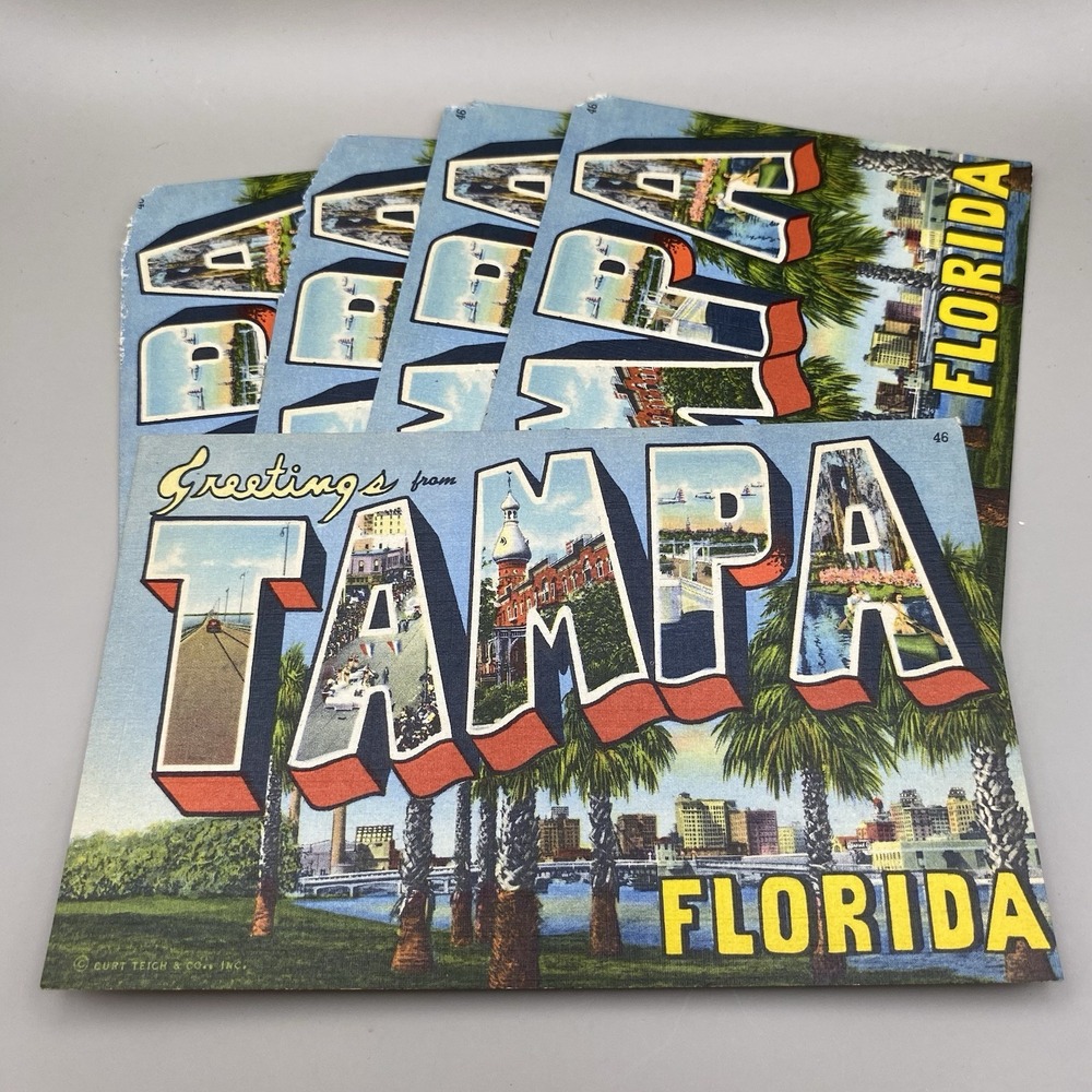 Lot of 5 Vintage Postcards Greetings From Tampa Florida FL Colortone Linen 1940s